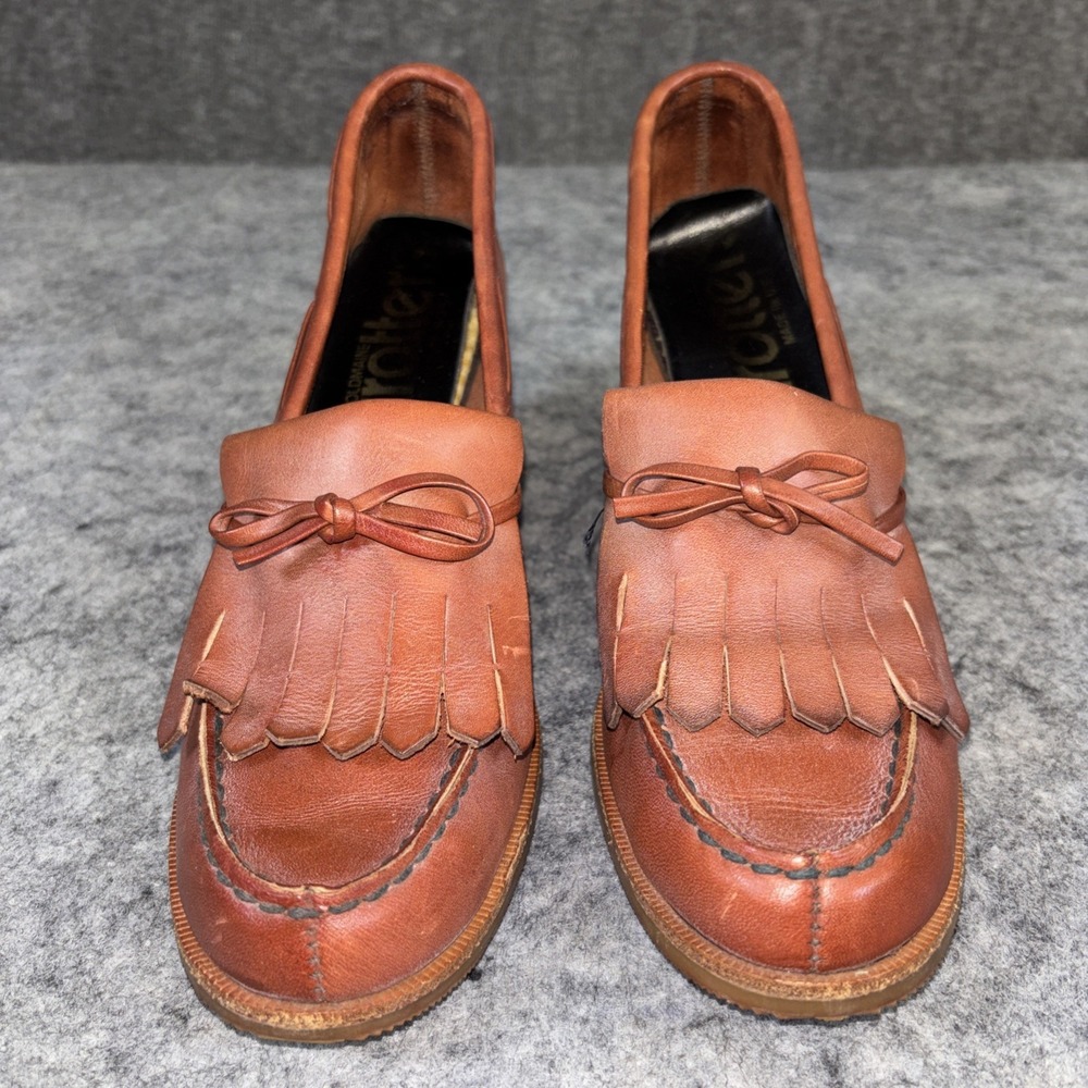 Old Maine Trotters Size 9.5 N Brown Leather Heeled Loafers Shoes Fringe USA Made